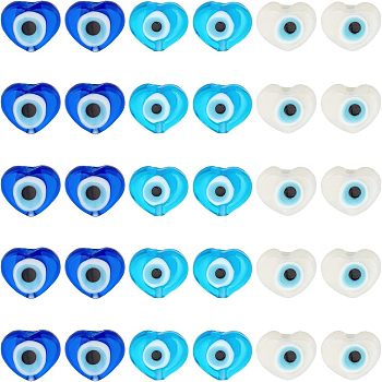 SUPERFINDINGS 30Pcs 3 Colors Handmade Evil Eye Lampwork Beads Strands, Heart, Mixed Color, 11.5x14x4.5mm, Hole: 1.2mm, 10pcs/color