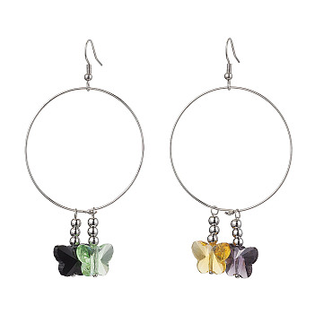 Butterfly Glass Dangle Earrings, 316 Surgical Stainless Steel Basketball Wives Earrings for Women, Mixed Color, 88x45mm