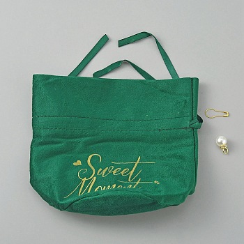 Velvet Jewelry Drawstring Pouches, with Charm, Wedding Party Gift Bag with Glod Stamping Word Sweet Moment, Green, Unfold: 14x15cm
