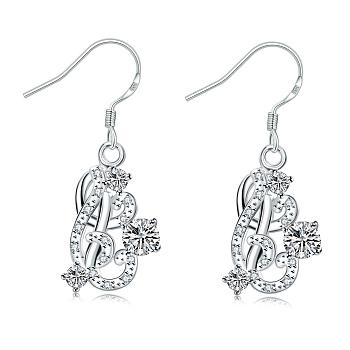 Unique Design Heart with Vine Brass Cubic Zirconia Dangle Earrings, Clear, Silver, 38x13mm