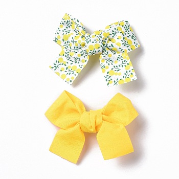 Iron Alligator Hair Clips, Single Color & Fruit Pattern Polyester Bowknot Hair Accessories, Yellow, 55~58x66~70x13.5~14mm, 2pcs/card