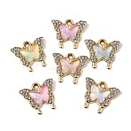 UV Plating Alloy Glass Pendants, Butterfly Charm, with Rhinestone, Faceted, Mixed Color, Golden, 18x20x3.5mm, Hole: 2.1mm(FIND-K032-46G)