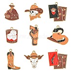 36Pcs 9 Styles Western Cowboy Hat Boots Money Bag Skull Alloy Enamel Pendants, Golden, Mixed Shapes, 25~32x13.5~29x1mm, Hole: 1~2mm, 4pcs/style(FIND-CJ0004-79)