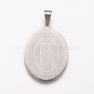 304 Stainless Steel Pendants, Oval with Virgin Mary, Stainless Steel Color, 39x28x2mm, Hole: 9.5x5mm(STAS-I121-05P)