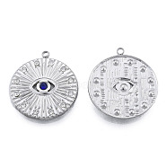 304 Stainless Steel Pendants, with Montana Rhinestone, Flat Round with Eye, Stainless Steel Color, 23x21x3mm, Hole: 1.5mm(STAS-N098-165P)