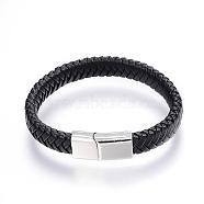 Braided Leather Cord Bracelets, with Alloy Magnetic Clasps, Platinum, Black, 9 inch(230mm)x11mm(BJEW-P099-05B)