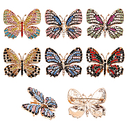 6Pcs 6 Colors Rhinestone Butterfly Badge, Alloy Lapel Pin for Women, Light Gold, Mixed Color, 35~39x44.5~61.5x4.5~10mm, 1pc/color(JEWB-CA0001-16)