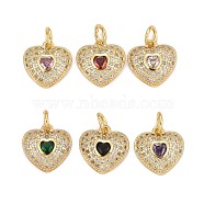 Rack Plating Brass Cubic Zirconia Charms, Real 18K Gold Plated, Heart, Lead Free & Cadmium Free, Mixed Color, 13.5x13.5x4mm, Jump Ring: 6x1.2mm, Inner Dimameter: 3.8mm(ZIRC-C031-03G)