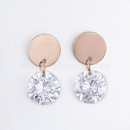 304 Stainless Steel Dangle Stud Earrings, with Cubic Zirconia, Flat Round, Rose Gold, 22x10x1~6mm, Pin: 0.8mm(EJEW-H338-03RG)