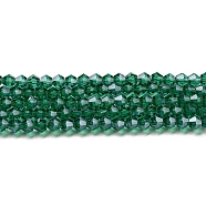 Transparent Electroplate Glass Beads Strands, Pearl Luster Plated, Faceted, Bicone, Teal, 4x4mm, Hole: 0.8mm, about 82~85pcs/strand, 12.01~12.2 inch(30.5~31cm)(EGLA-A039-T4mm-A10)