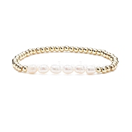 Natural Pearl & Brass Beaded Stretch Bracelet for Women, Old Lace, Inner Diameter: 2-1/4 inch(5.8cm)(BJEW-JB08164-02)