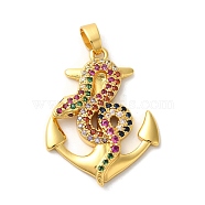 Rack Plating Brass Micro Pave Cubic Zirconia Pendants, Long-Lasting Plated, Lead Free & Cadmium Free, Golden, Anchor & Helm, 27x21x3.5mm, Hole: 5x3mm(KK-U022-01A-03)