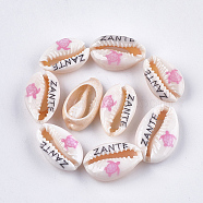 Printed Cowrie Shell Beads, No Hole/Undrilled, Sea Turtle & ZANTE Pattern, Flamingo, 18~21x11~14x6~8mm(SHEL-S276-12D)