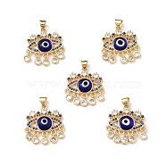 Lampwork Evil Eye Pendants with Colorful Cubic Zirconia, Real 18K Gold Plated Brass Findings, Lead Free & Cadmium free, Blue, 27x22.5x4.5mm, Hole: 4x3.5mm(ZIRC-L102-13G-04)
