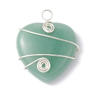 Natural Green Aventurine Copper Wire Wrapped Pendants, Heart Charms, Long-Lasting Plated, Silver Color Plated, 37.5~39.5x31~32x9.5mm, Hole: 4mm(PALLOY-JF02148-03)