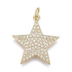 Brass Micro Pave Clear Cubic Zirconia Pendants, Long-Lasting Plated, Star, Real 18K Gold Plated, 20x19x2mm, Jump Rings: 5x1mm, Inner Diameter: 3mm(ZIRC-M108-28-G)