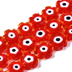 Handmade Lampwork Beads Strands, Flower with Evil Eye, Red, 7~9x7~9x3mm, Hole: 0.8mm, about 50~52pcs/strand, 14.57 inch~15.35 inch(37~39cm)(LAMP-N023-002A-06)