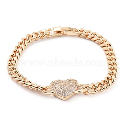 Cubic Zirconia Link Bracelet with Golden Brass Curb Chains, Long-Lasting Plated, Heart, 6-3/4 inch(17.3cm)(BJEW-C055-06H-G)