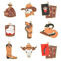 36Pcs 9 Styles Western Cowboy Hat Boots Money Bag Skull Alloy Enamel Pendants, Golden, Mixed Shapes, 25~32x13.5~29x1mm, Hole: 1~2mm, 4pcs/style(FIND-CJ0004-79)