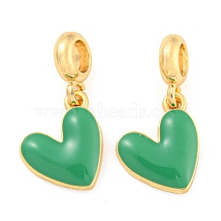 Rack Plating Alloy Enamel Heart European Dangle Charms, Large Hole Pendants, Golden, Cadmium Free & Nickel Free & Lead Free, Light Green, 26mm, Hole: 4.8mm, Heart: 17x13.5x3mm(FIND-B034-20G-03)