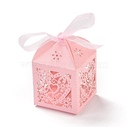 Laser Cut Paper Hollow Out Heart & Flowers Candy Boxes, Square with Ribbon, for Wedding Baby Shower Party Favor Gift Packaging, Pink, 5x5x7.6cm(CON-C001-04)