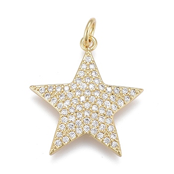 Brass Micro Pave Clear Cubic Zirconia Pendants, Long-Lasting Plated, Star, Real 18K Gold Plated, 20x19x2mm, Jump Rings: 5x1mm, Inner Diameter: 3mm