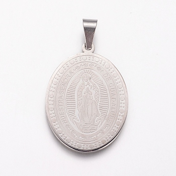 304 Stainless Steel Pendants, Oval with Virgin Mary, Stainless Steel Color, 39x28x2mm, Hole: 9.5x5mm