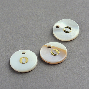 Freshwater Shell Pendants, Flat Round with Gold Blocking Letter.O, 11.5x2mm, Hole: 1.5mm