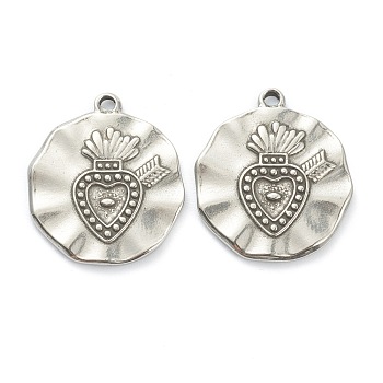 304 Stainless Steel Pendants, Flat Round with Heart, Stainless Steel Color, 22x19x2mm, Hole: 1.5mm