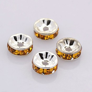 Brass Rhinestone Spacer Beads, Grade A, Straight Flange, Silver Color Plated, Rondelle, Topaz, 8x3.8mm, Hole: 1.5mm