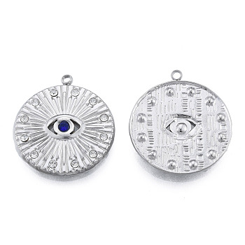 304 Stainless Steel Pendants, with Montana Rhinestone, Flat Round with Eye, Stainless Steel Color, 23x21x3mm, Hole: 1.5mm