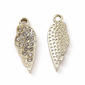 Alloy Pendants, with Crystal Rhinestone, Wing Charm, Light Gold, 20x7x2.5mm, Hole: 1.8mm