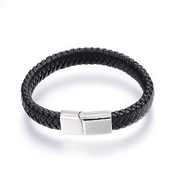 Braided Leather Cord Bracelets, with Alloy Magnetic Clasps, Platinum, Black, 9 inch(230mm)x11mm