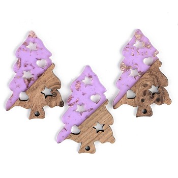 Transparent Resin & Walnut Wood Pendants, with Gold Foil, Christmas Tree, Lilac, 40x26.5x3mm, Hole: 2mm