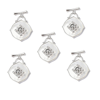 Rhombus Shell Toggle Clasps, with Brass Crystal Rhinestone Findings, Platinum, Rhombus Clasps: 24x20.5x5.5mm, T Clasps: 3x12.5x2.5mm, Pin: 0.7mm, Hole: 4mm