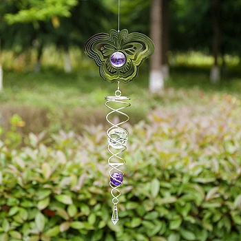 Stainless Steel Wind Spinners, with Glass Bead, for Outside Yard and Garden Decoration, Butterfly, 600mm