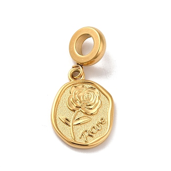 Ion Plating(IP) 304 Stainless Steel European Dangle Charms, Large Hole Pendants, Oval with Rose Pattern, Golden, 28mm, Pendant: 18.5x13.5x2mm, Hole: 4.5mm