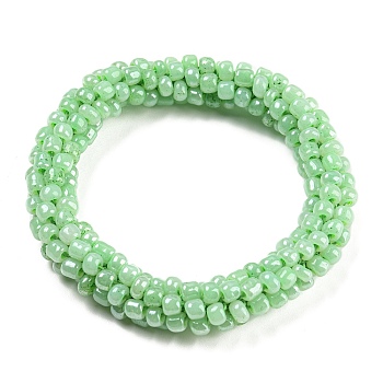 Crochet Glass Beads Braided Stretch Bracelet, Nepel Boho Style Bracelet, Light Green, Inner Diameter: 1-3/4 inch(4.5cm)