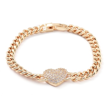 Cubic Zirconia Link Bracelet with Golden Brass Curb Chains, Long-Lasting Plated, Heart, 6-3/4 inch(17.3cm)