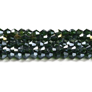 Transparent Electroplate Glass Beads Strands, AB Color Plated, Faceted, Bicone, Dark Green, 4x4mm, Hole: 0.8mm, about 82~85pcs/strand, 12.01~12.2 inch(30.5~31cm)