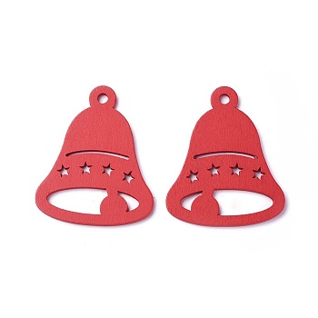 Poplar Wood Pendants, Dyed, Bell, Red, 65x53x3mm, Hole: 5mm