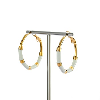 Golden 304 Stainless Steel Hoop Earrings with Enamel, White, 30mm