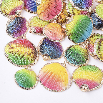 Electroplate Shell Pendants, with Brass Findings, Dyed, Light Gold, Mixed Color, 22.5~30.5x22~32x5~9mm, Hole: 1.6mm