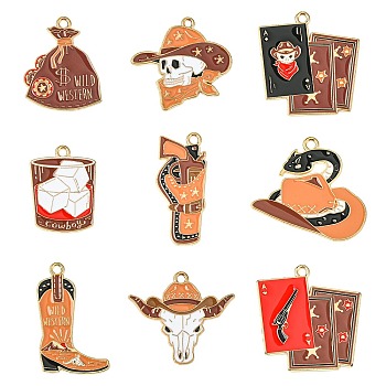 36Pcs 9 Styles Western Cowboy Hat Boots Money Bag Skull Alloy Enamel Pendants, Golden, Mixed Shapes, 25~32x13.5~29x1mm, Hole: 1~2mm, 4pcs/style