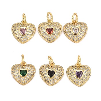 Rack Plating Brass Cubic Zirconia Charms, Real 18K Gold Plated, Heart, Lead Free & Cadmium Free, Mixed Color, 13.5x13.5x4mm, Jump Ring: 6x1.2mm, Inner Dimameter: 3.8mm