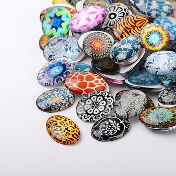 Mosaic Printed Glass Oval Cabochons, Mixed Color, 18x13x4mm