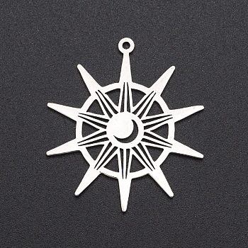 201 Stainless Steel Pendants, Laser Cut, Sun with Moon, Stainless Steel Color, 33.5x30x1mm, Hole: 1.4mm
