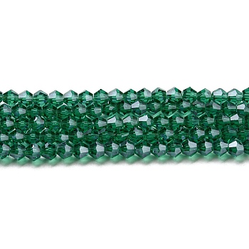 Transparent Electroplate Glass Beads Strands, Pearl Luster Plated, Faceted, Bicone, Teal, 4x4mm, Hole: 0.8mm, about 82~85pcs/strand, 12.01~12.2 inch(30.5~31cm)