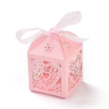 Laser Cut Paper Hollow Out Heart & Flowers Candy Boxes, Square with Ribbon, for Wedding Baby Shower Party Favor Gift Packaging, Pink, 5x5x7.6cm