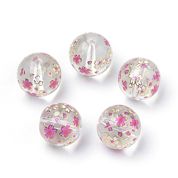 Printed Glass Beads, Round with Flower Pattern, Clear, 11~12x11mm, Hole: 1.5mm